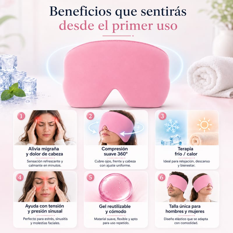 Mascarilla de gel frío para migraña y dolor de cabeza