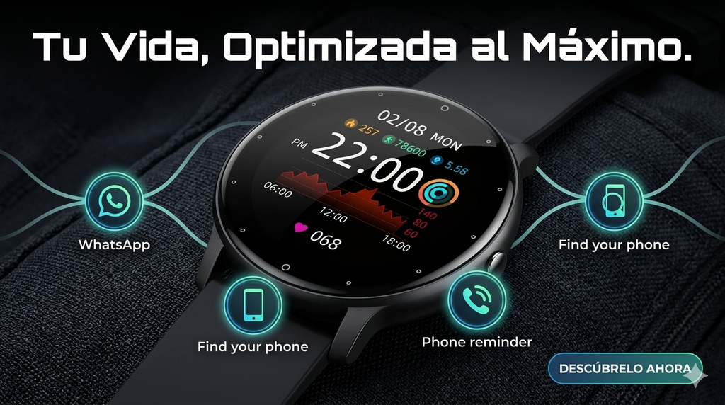 "Domina tu Día: El Equilibrio Perfecto" reloj inteligente como una herramienta esencial para la productividad y el bienestar.